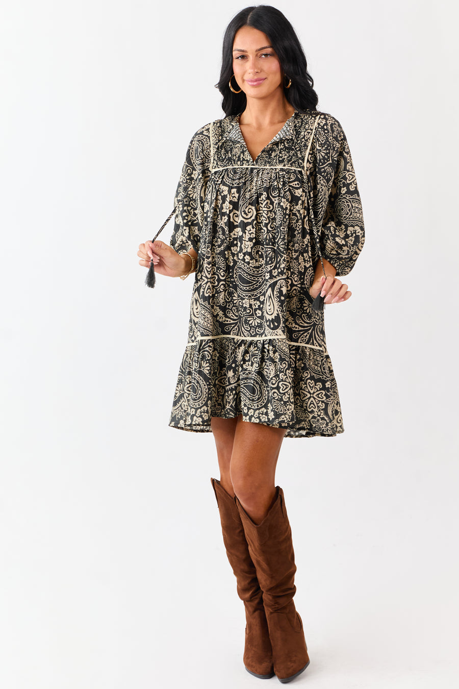 floral print corduroy mini dress Cocoa Floral Print Ruffle Neckline Corduroy Mini Dress