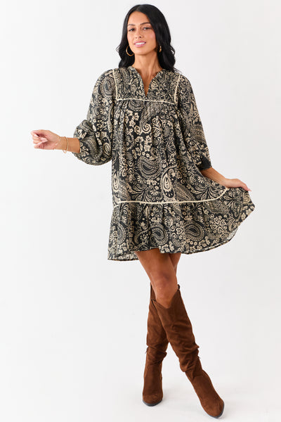 Black Paisley Print Puff Sleeve Smocked Mini Dress