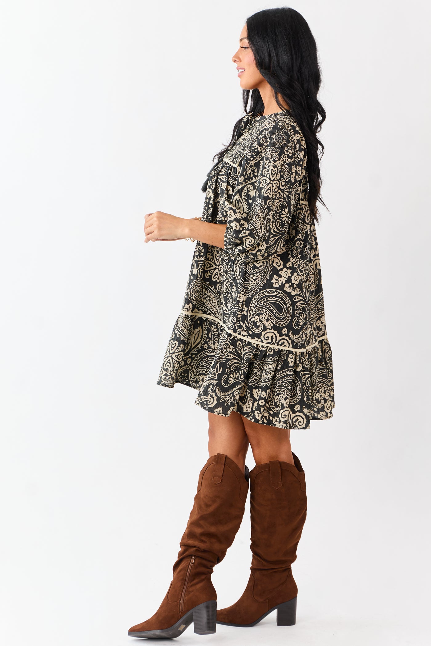 Black Paisley Print Puff Sleeve Smocked Mini Dress