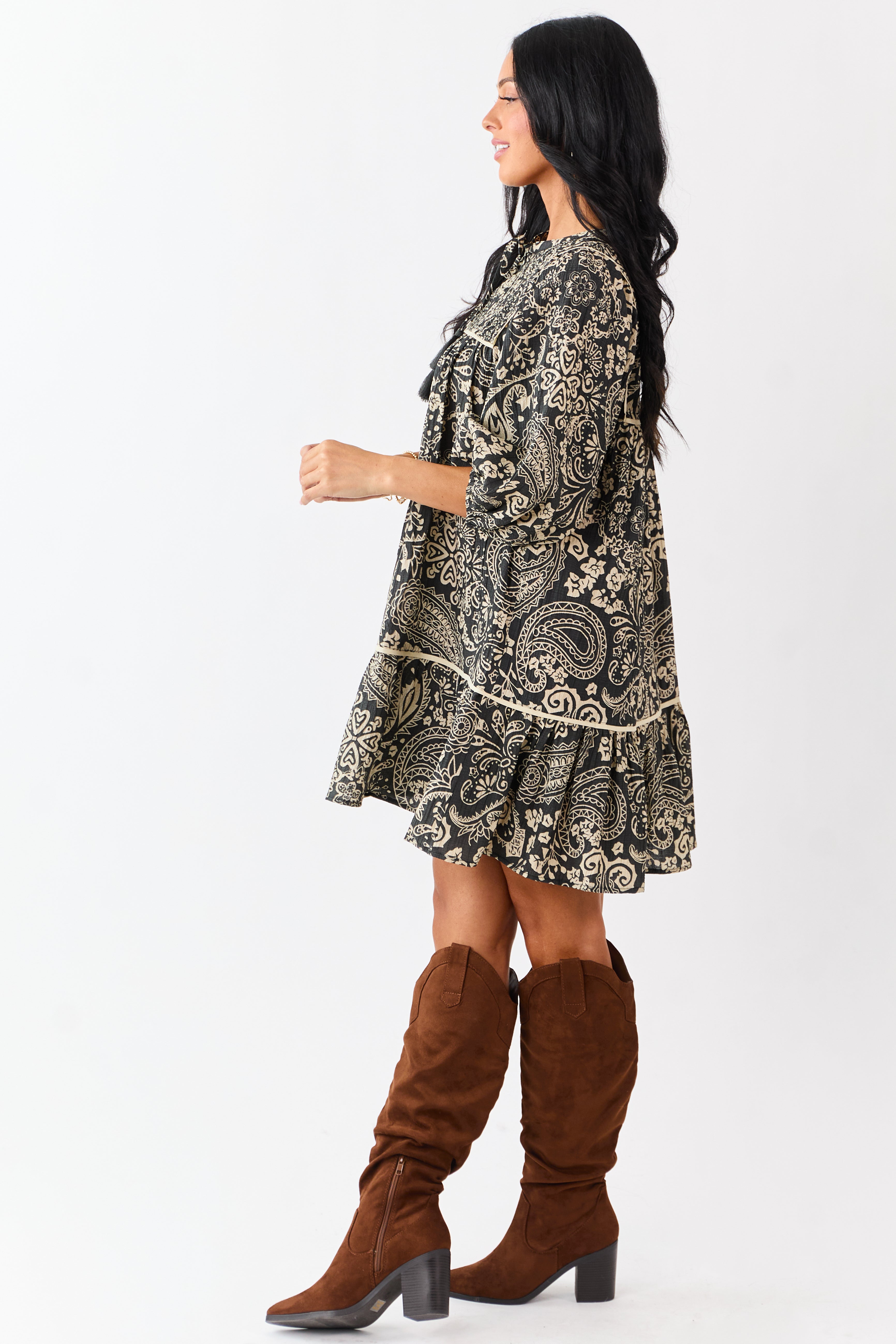 Black Paisley Print Puff Sleeve Smocked Mini Dress