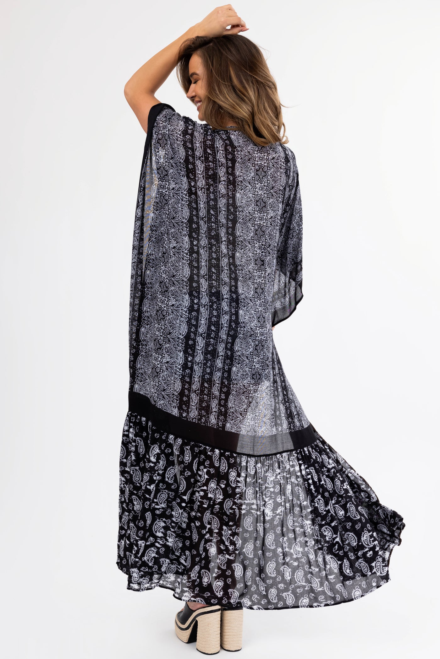 Black Paisley Print Ruffle 3/4 Sleeve Kimono
