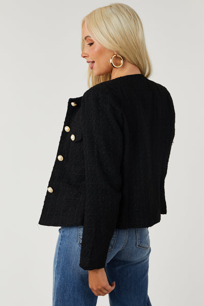 Black Pearl Button Front Pockets Tweed Jacket