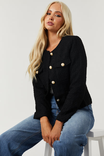 Black Pearl Button Front Pockets Tweed Jacket