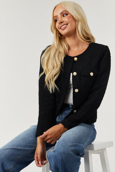 Black Pearl Button Front Pockets Tweed Jacket