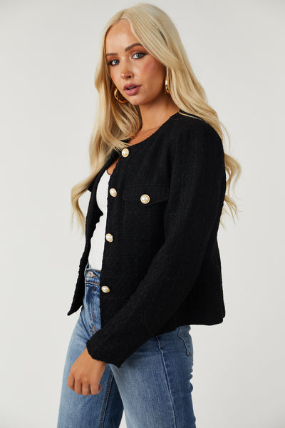 Black Pearl Button Front Pockets Tweed Jacket