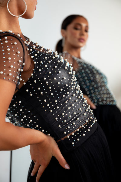 Black Pearl and Rhinestone Short Sleeve Mesh Top