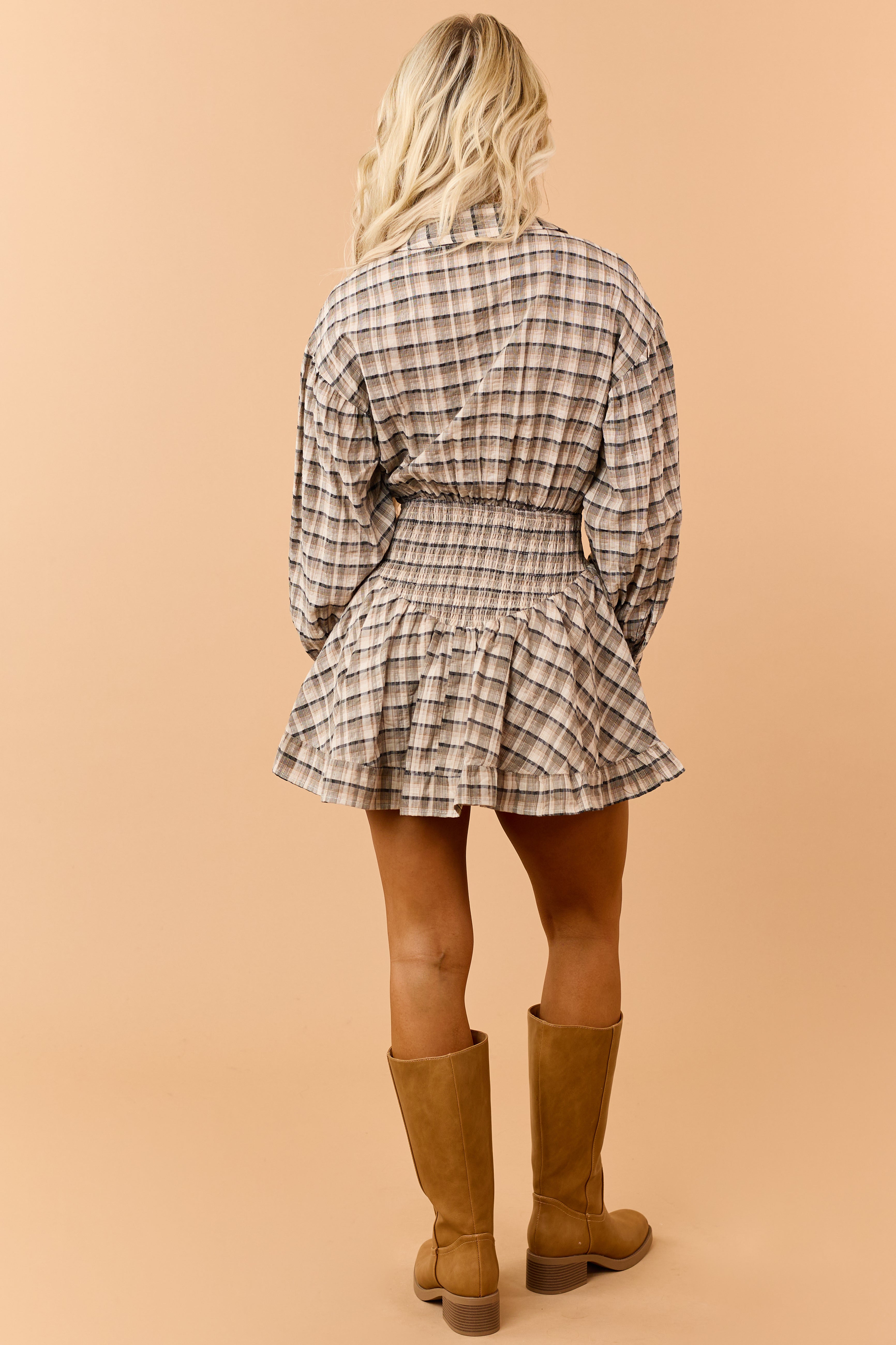 Black Plaid Button Down Basque Waist Mini Dress