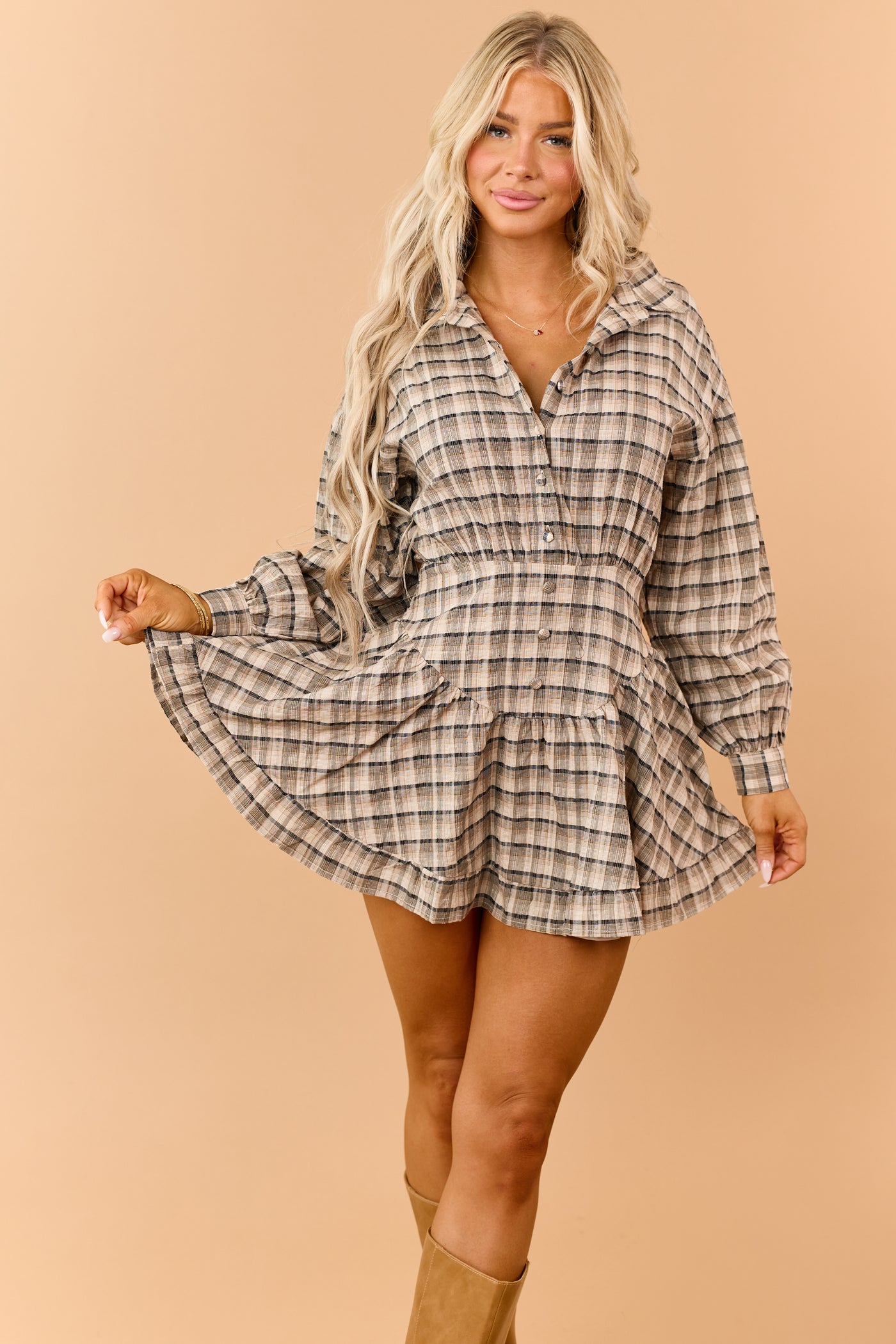 Black Plaid Button Down Basque Waist Mini Dress