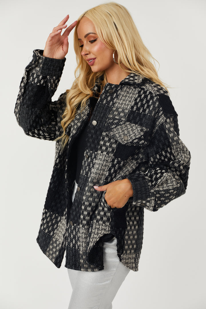 Black Plaid Button Down Collared Jacket