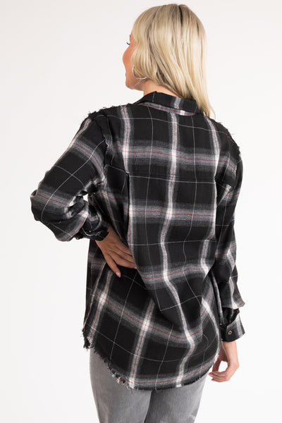 Black Plaid Button Up Collared Flannel Top