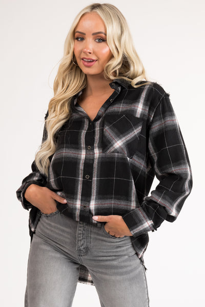 Black Plaid Button Up Collared Flannel Top