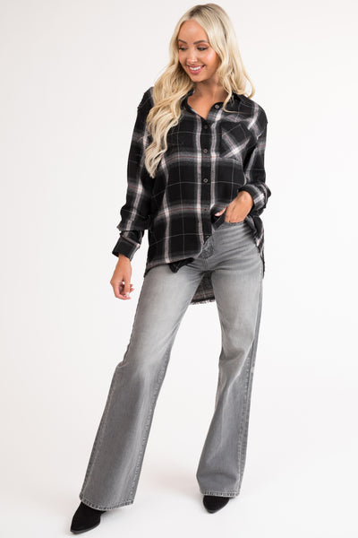 Black Plaid Button Up Collared Flannel Top