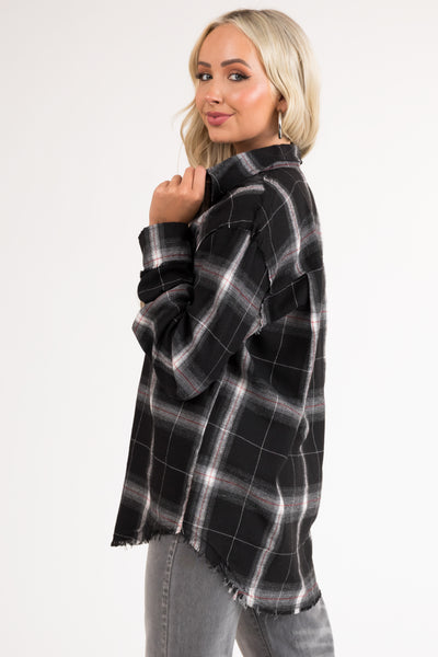 Black Plaid Button Up Collared Flannel Top