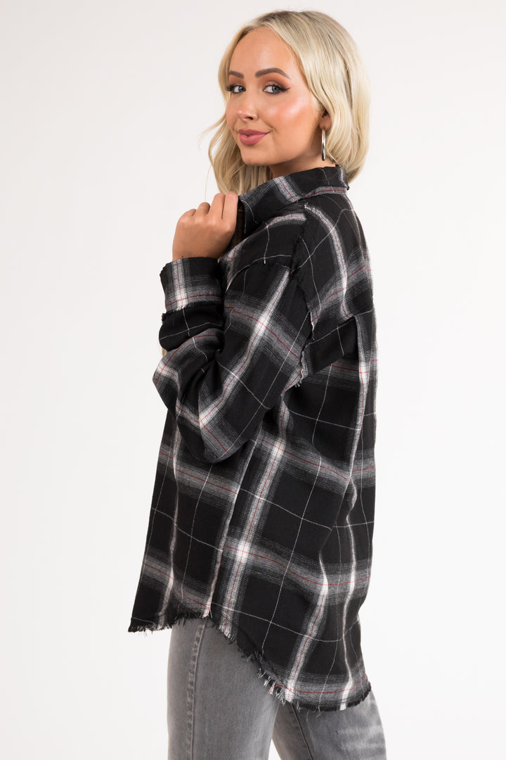 Black Plaid Button Up Collared Flannel Top