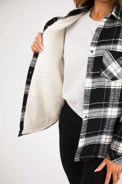Black Plaid Faux Fur Lined Shirt Jacket