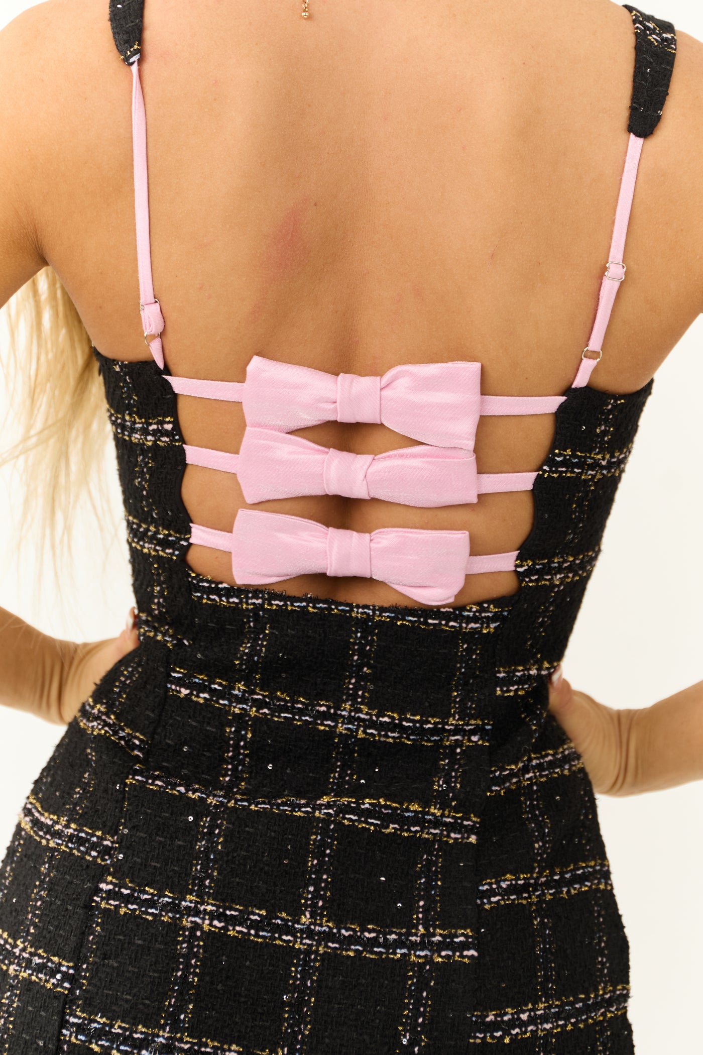 Black Plaid Sweetheart Tweed Bow Back Mini Dress | Lime Lush Boutique Black Plaid Sweetheart Tweed Bow Back Mini Dress | Lime Lush Boutique