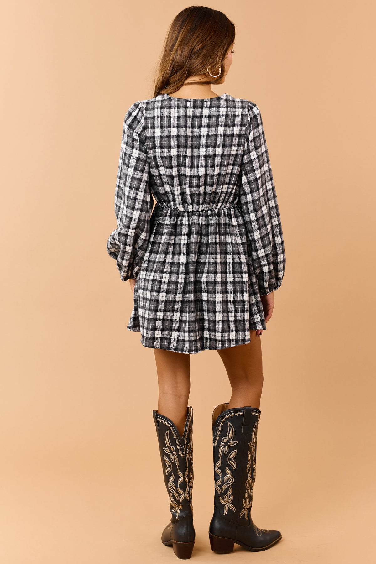 Black Plaid Velvet Ribbon Tie A-Line Mini Dress