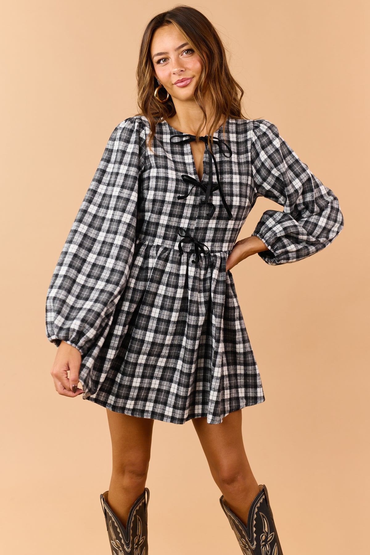 Black Plaid Velvet Ribbon Tie A-Line Mini Dress