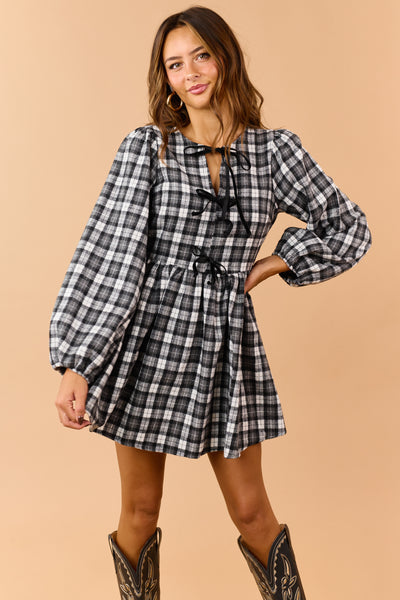 Black Plaid Velvet Ribbon Tie A-Line Mini Dress
