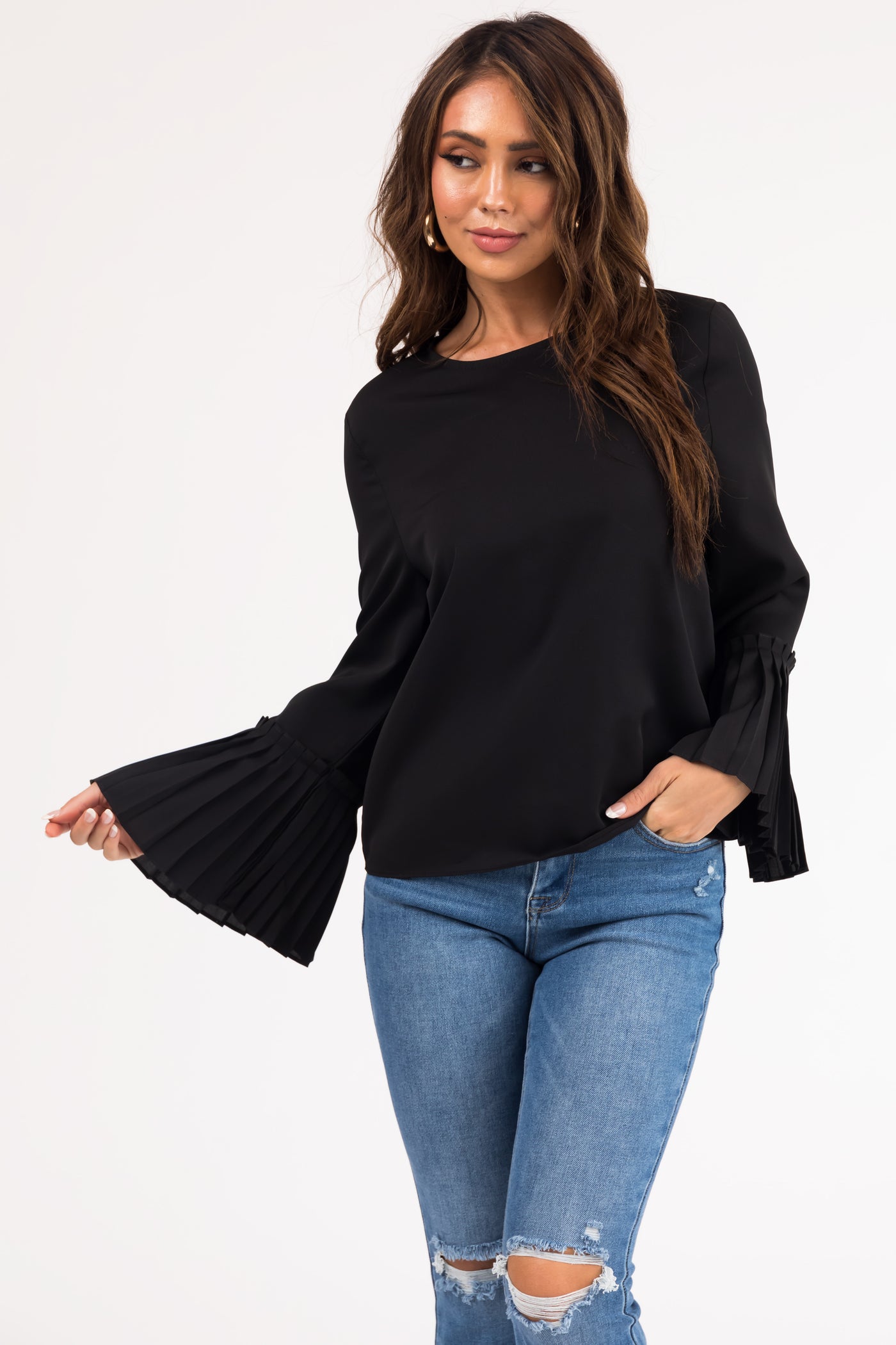 Black Pleated Bell Sleeve Blouse