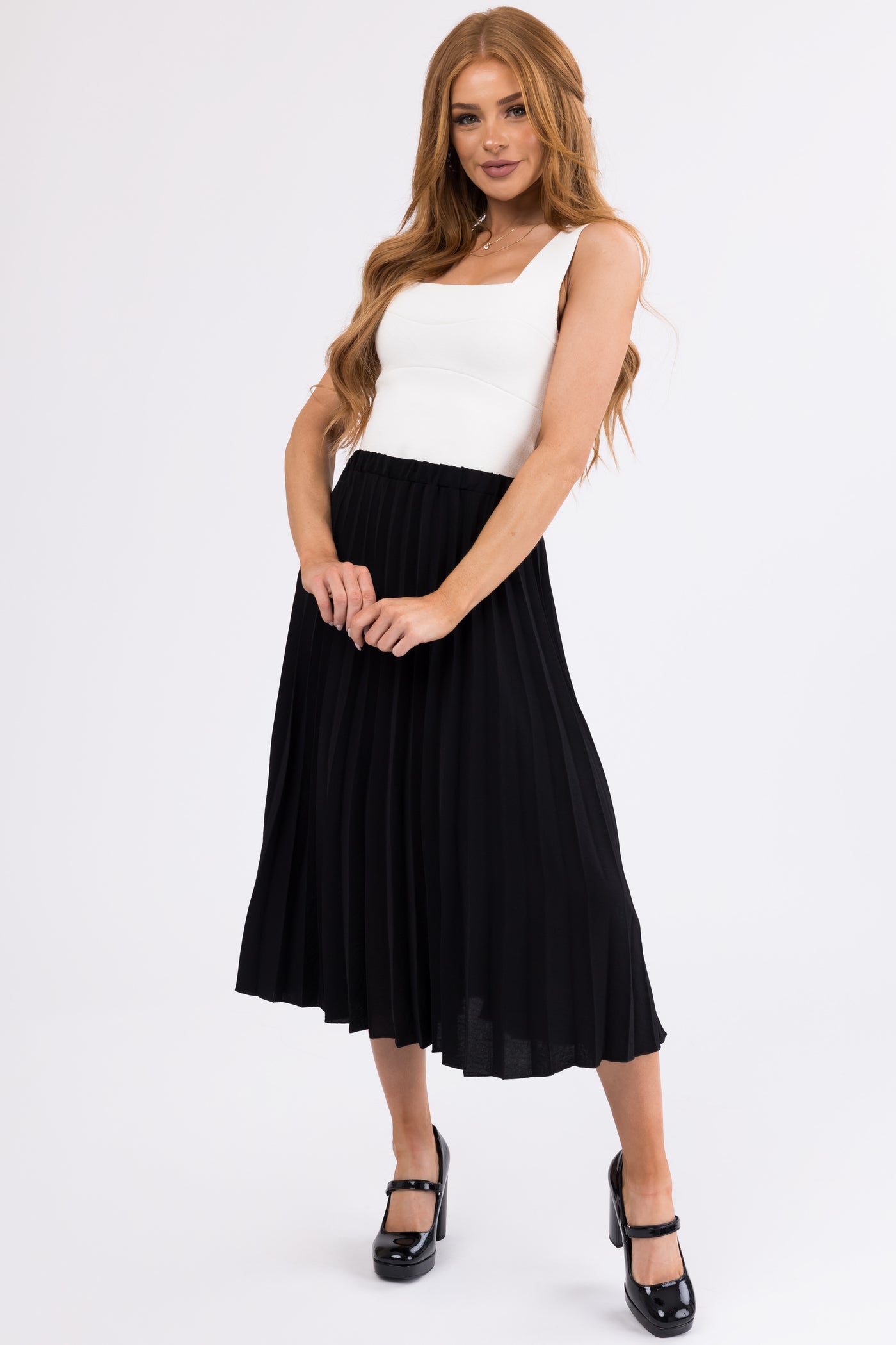 Black Pleated Elastic Waist Midi Skirt