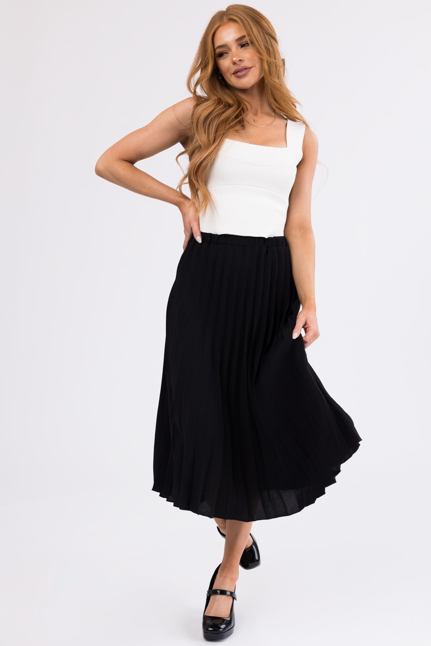 Black Pleated Elastic Waist Midi Skirt