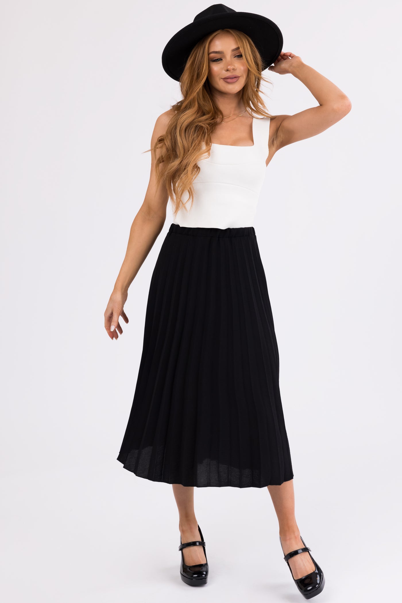 Black Pleated Elastic Waist Midi Skirt