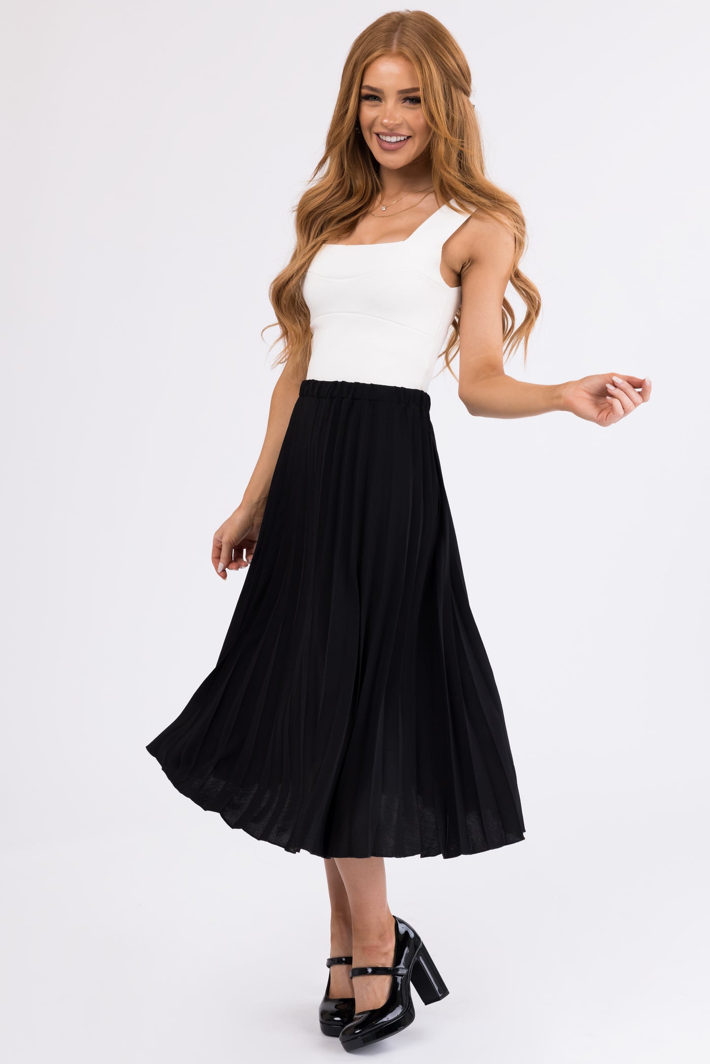 Black Pleated Elastic Waist Midi Skirt