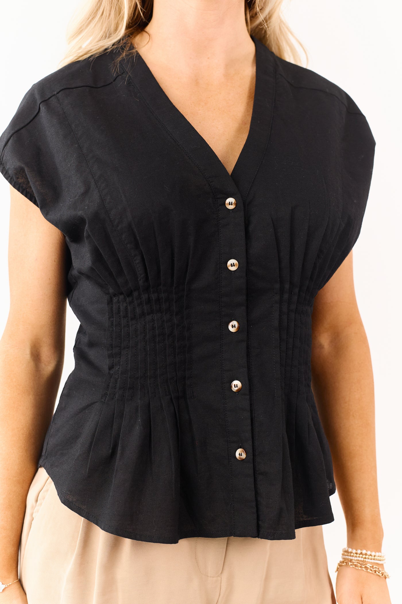 Black Pleated Linen Blend Button Down Top