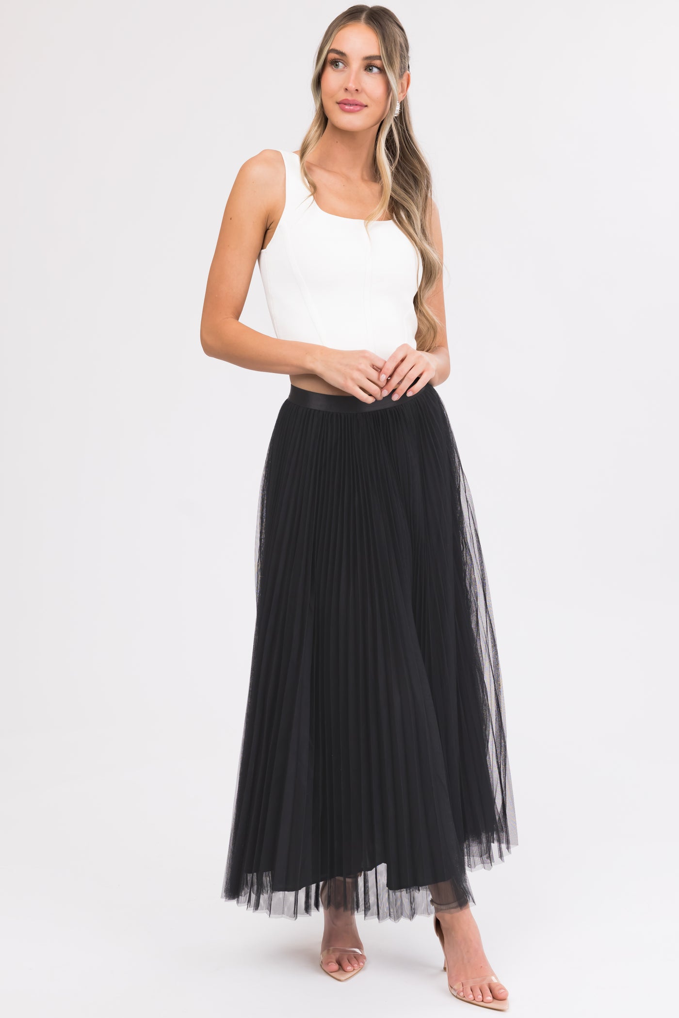 Black Pleated Tulle Elastic Waist Midi Skirt