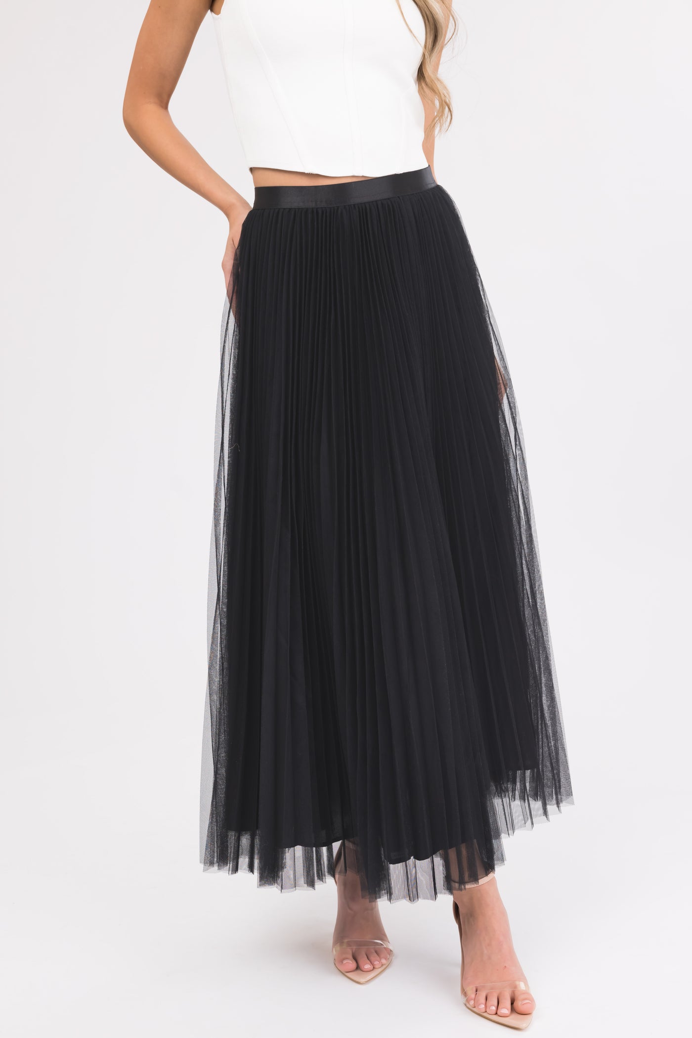 Black Pleated Tulle Elastic Waist Midi Skirt