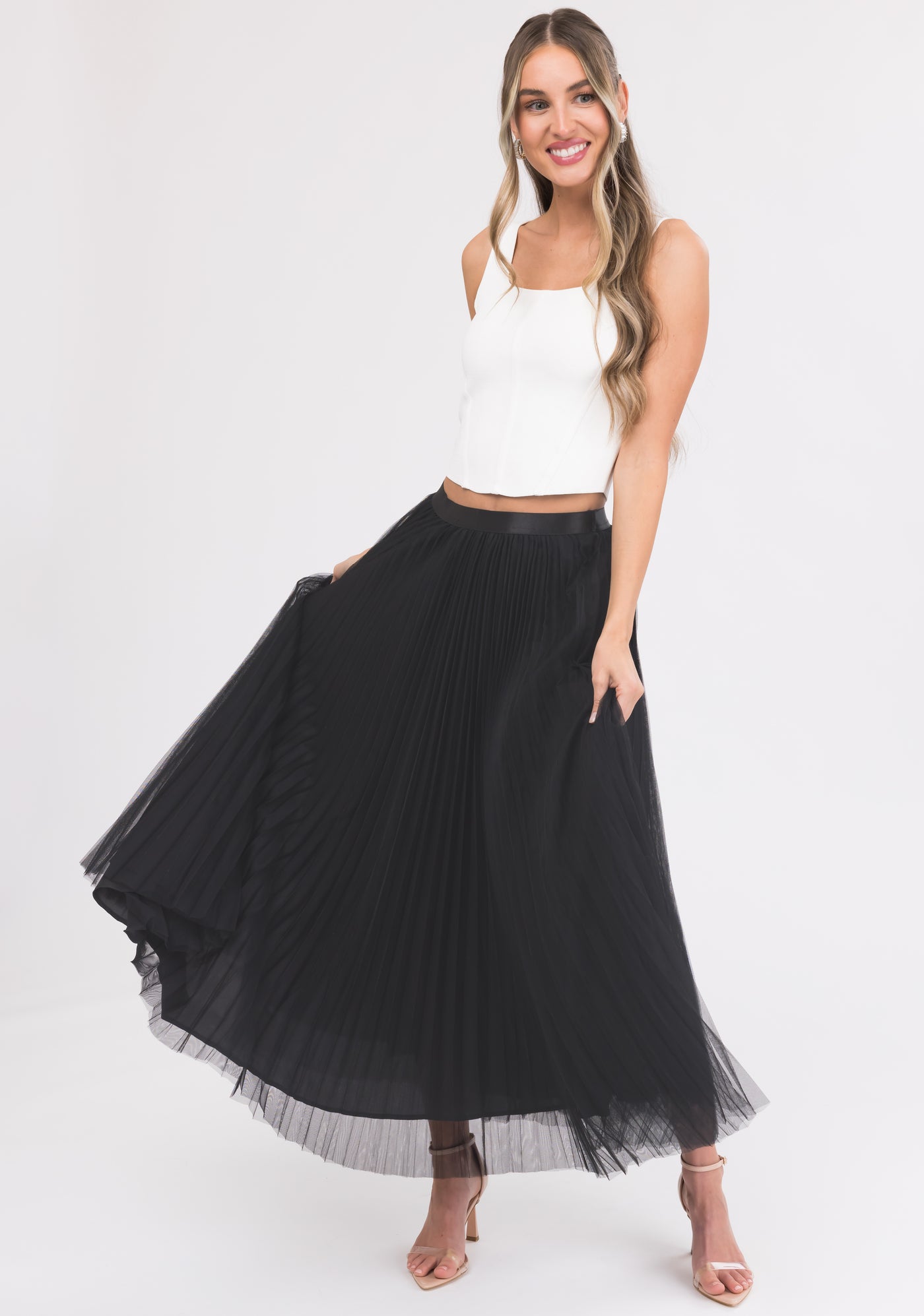 Black Pleated Tulle Elastic Waist Midi Skirt Lime Lush Boutique