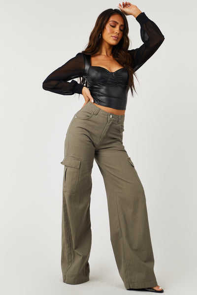 Black Pleather Bustier Top with Mesh Sleeves