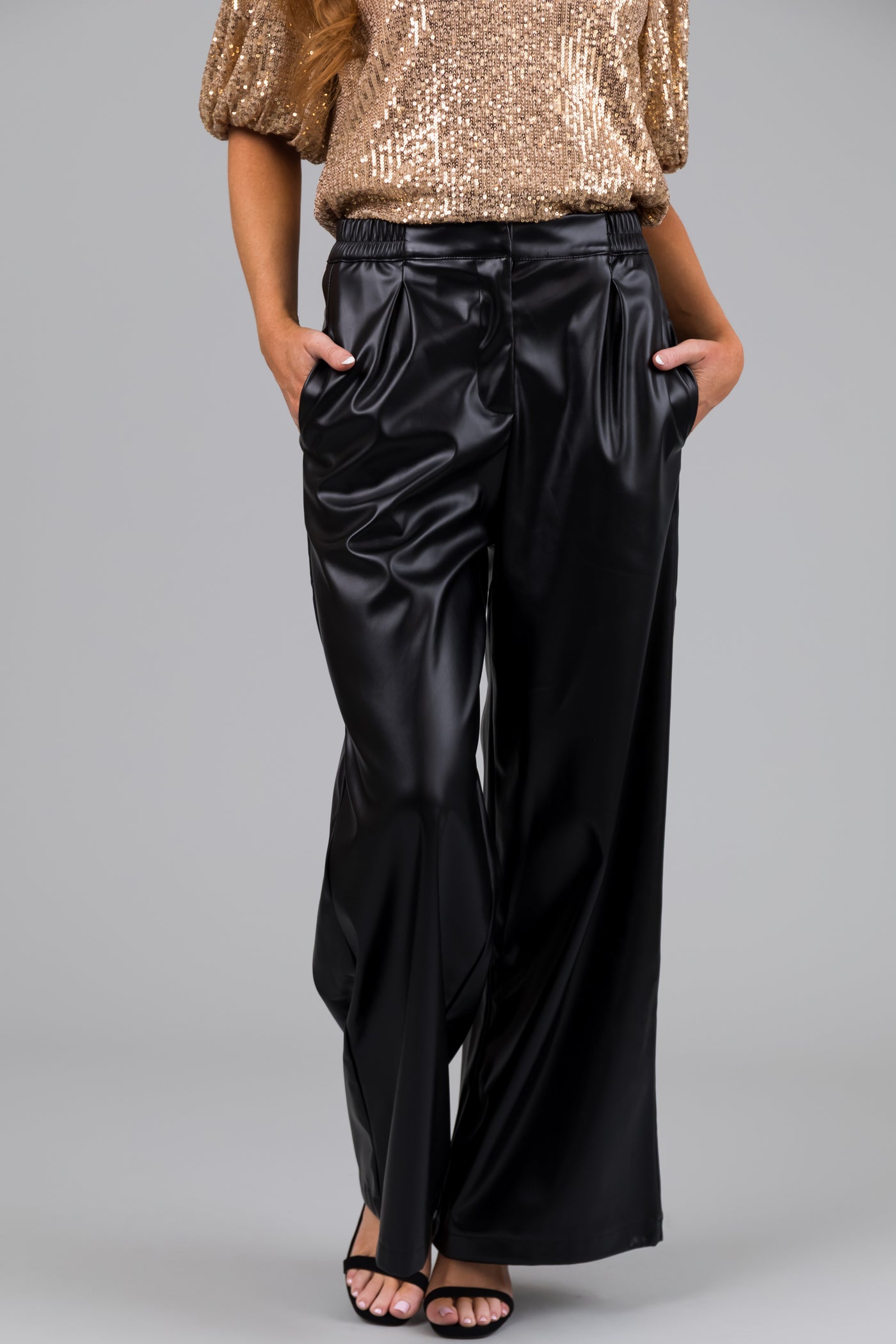 Black Pleather Elastic Waist Wide Leg Pants