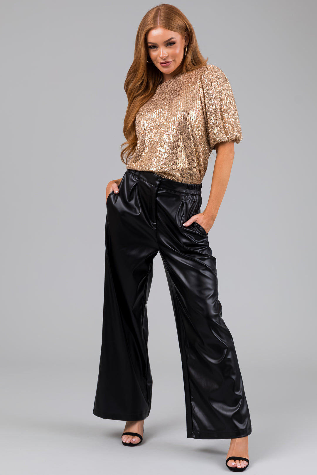 L Love Women's Black Pleather Elastic Waist Wide Leg Pants - Size M