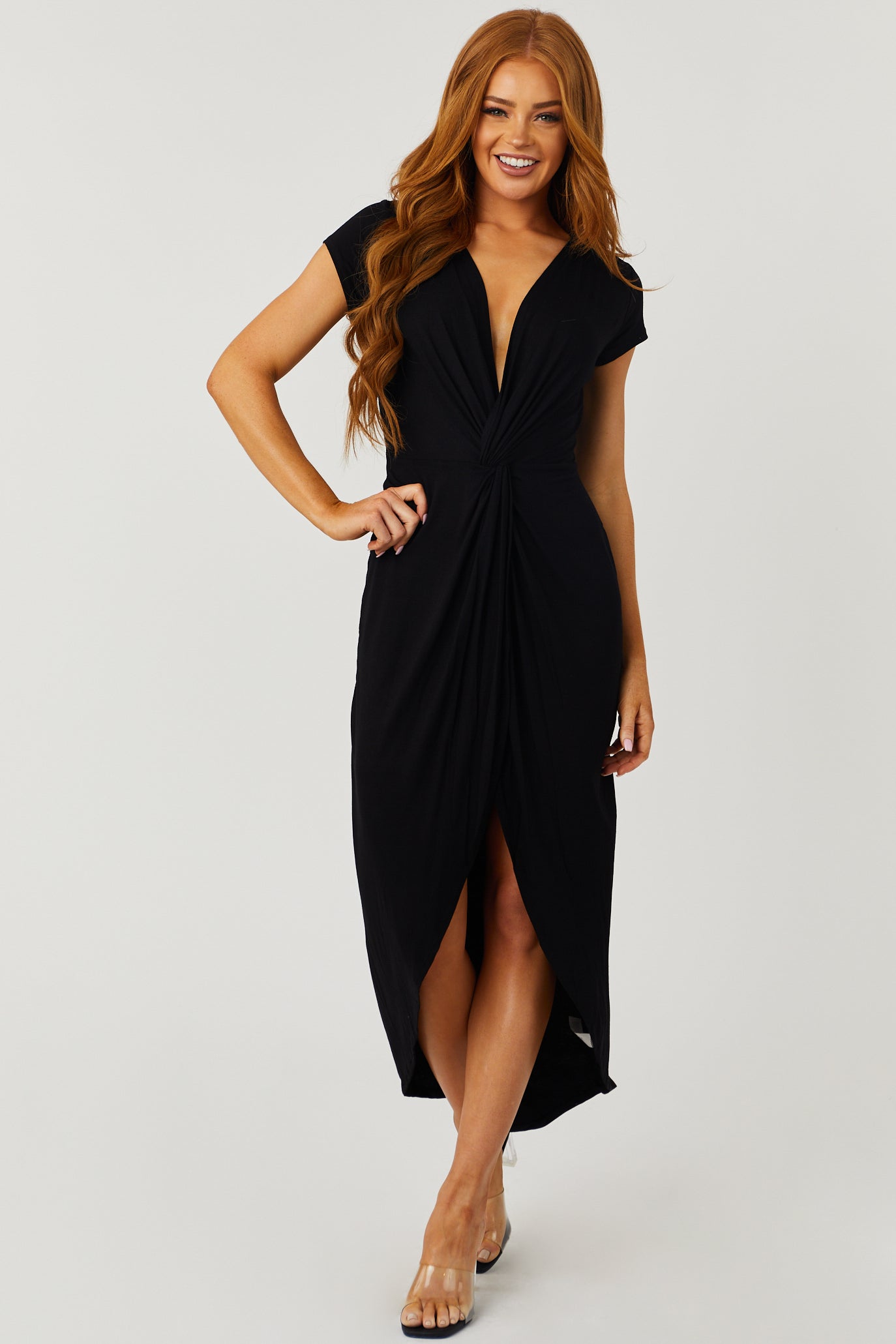 Black Plunging V Front Twist Knot Midi Dress