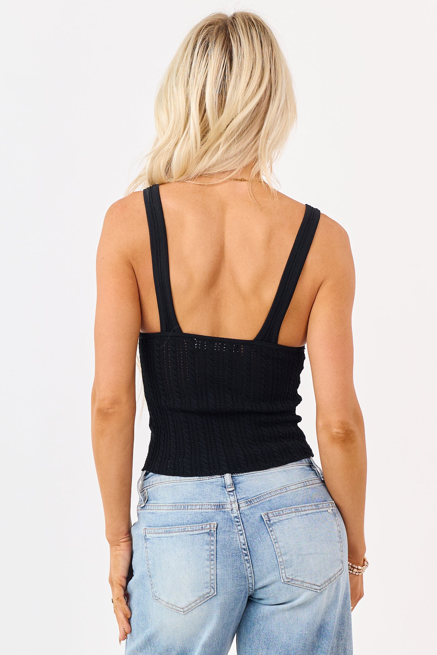 Black Pointelle Cable Knit V-Neck Tank Top