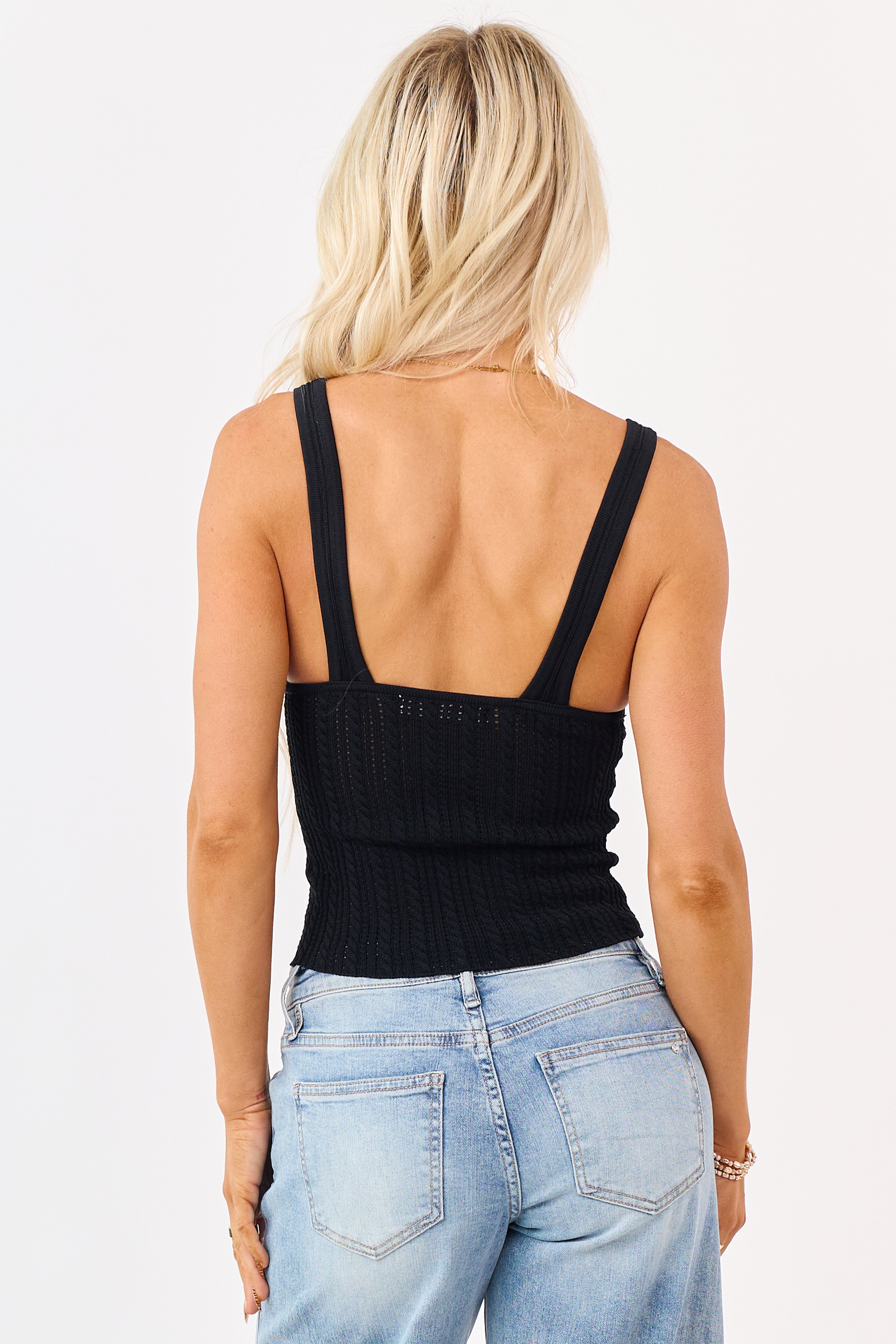 Black Pointelle Cable Knit V-Neck Tank Top