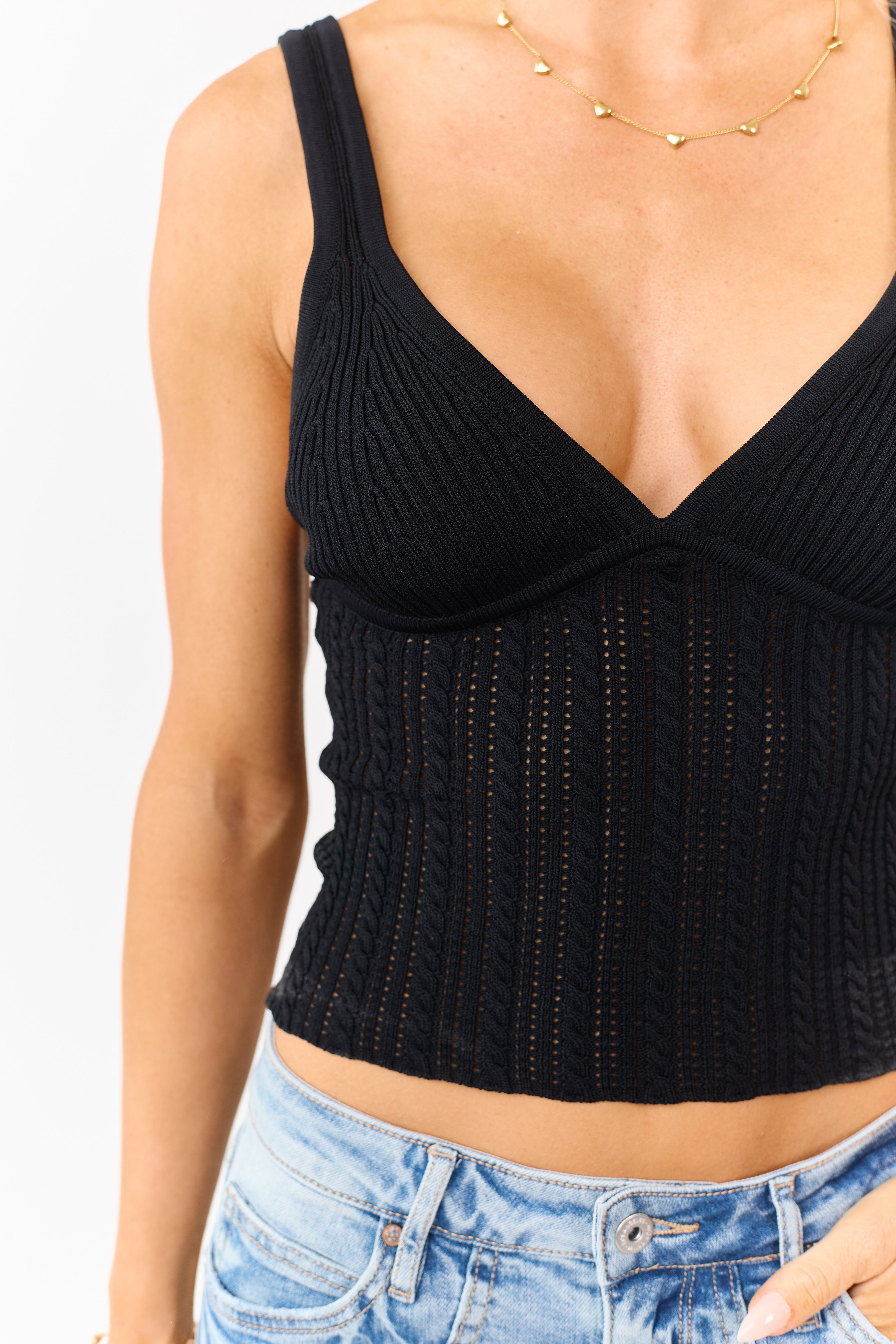 Black Pointelle Cable Knit V-Neck Tank Top | Lime Lush Boutique