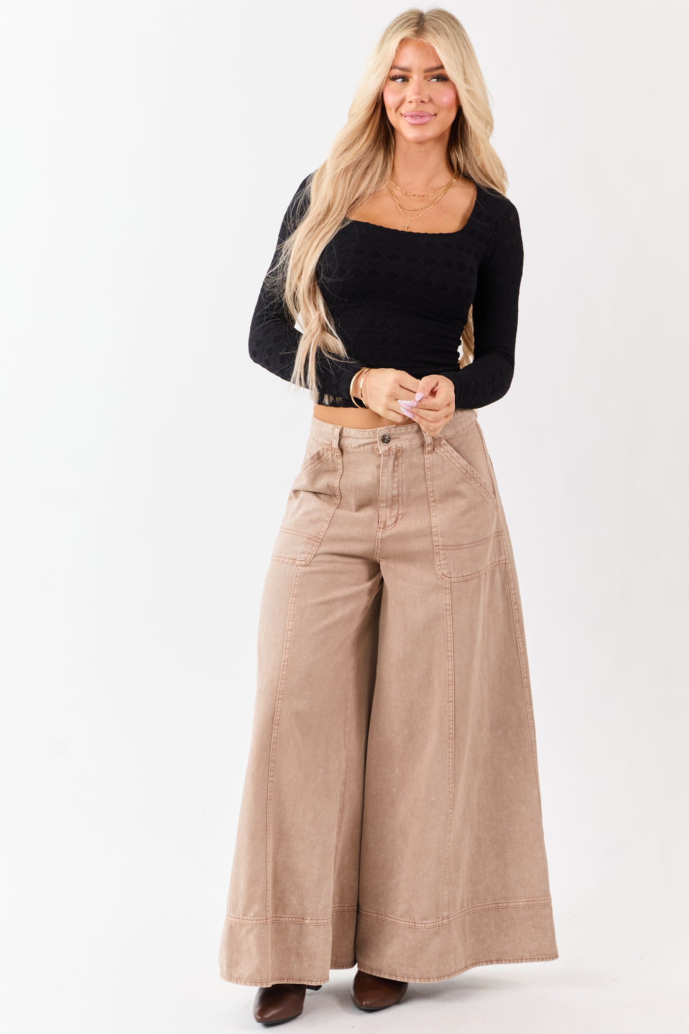 Black Pointelle Knit Cropped Long Sleeve Top