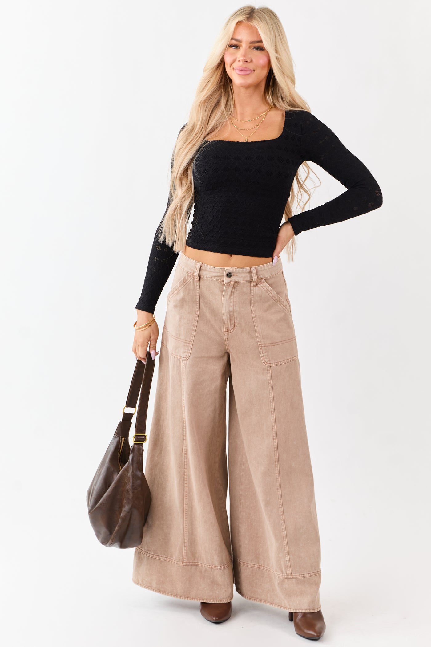 Black Pointelle Knit Cropped Long Sleeve Top