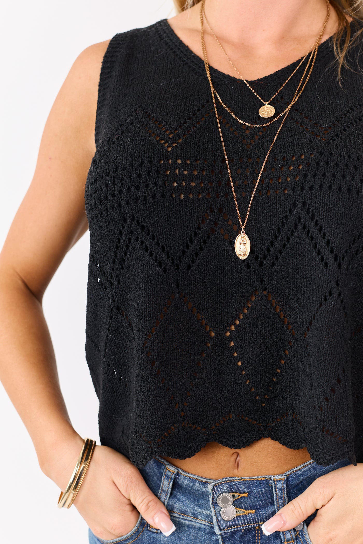 Black Pointelle Knit Scalloped Hem Tank Top