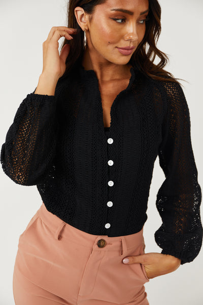 Black Pointelle Lace Long Sleeve Button Up Top