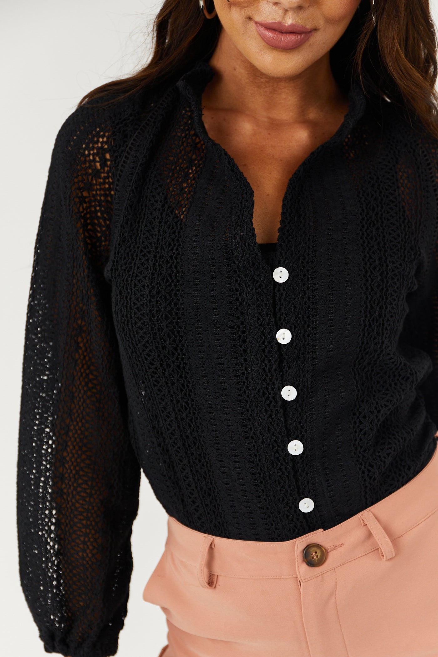 Black Pointelle Lace Long Sleeve Button Up Top