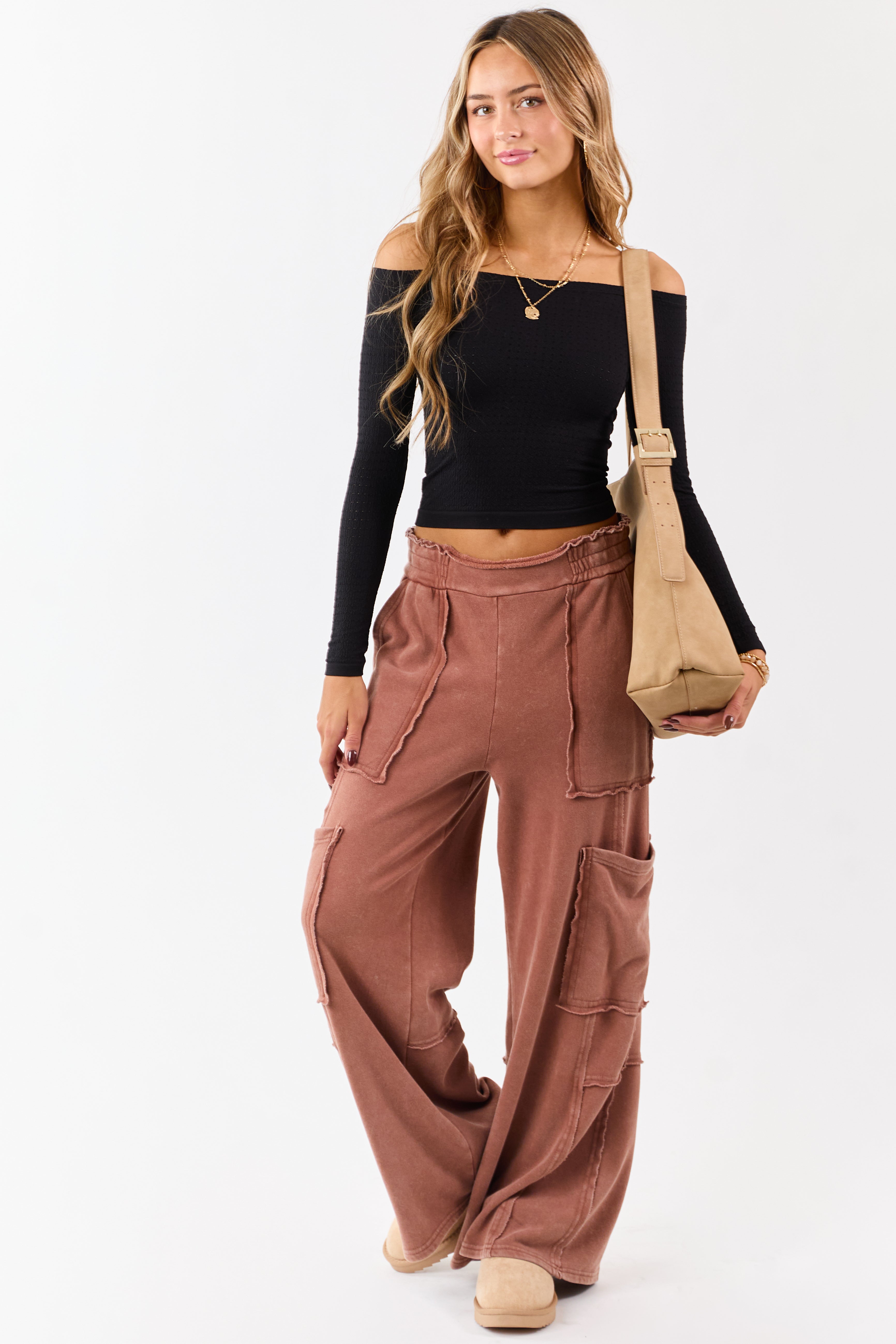 Black Pointelle Off Shoulder Long Sleeve Top