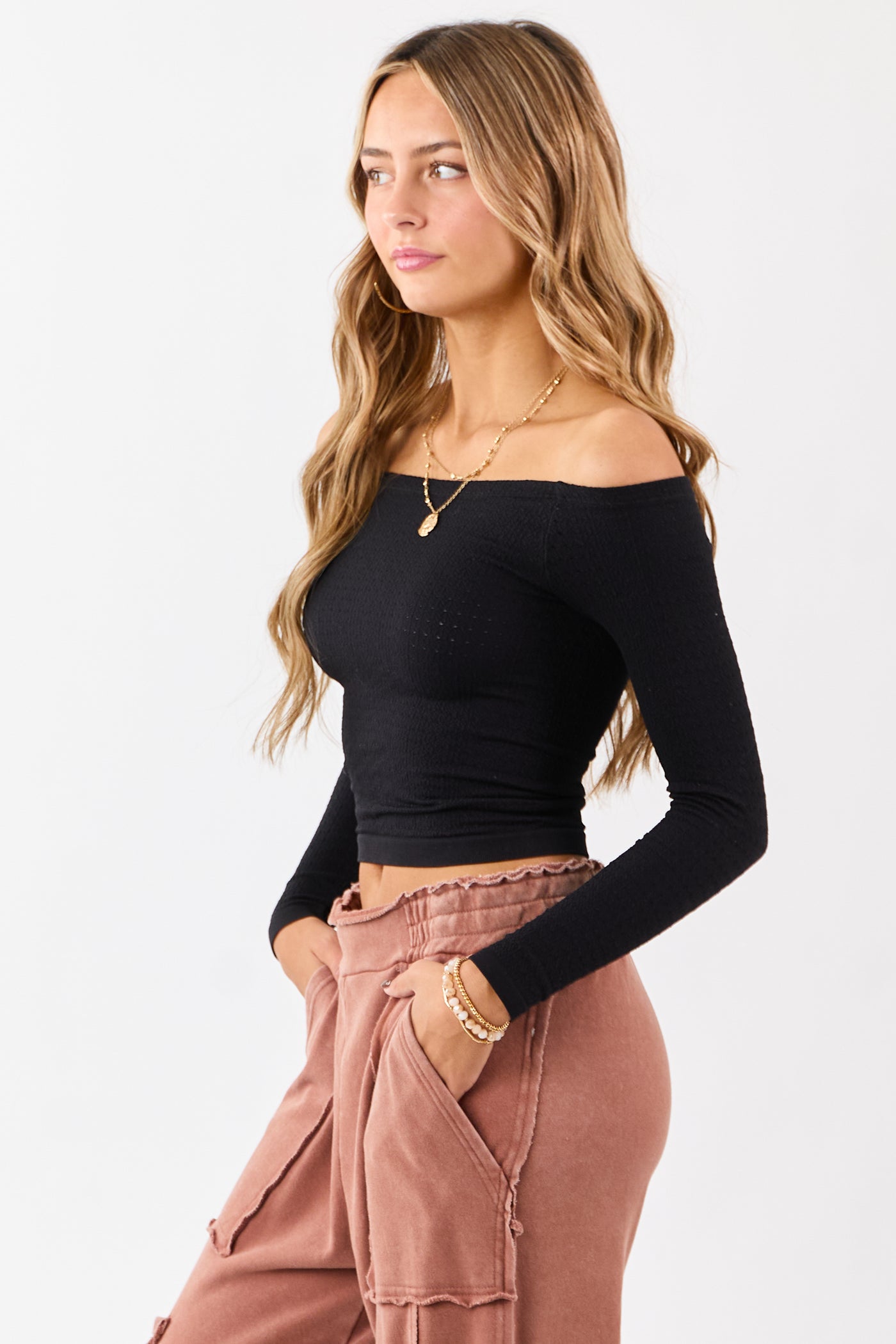Black Pointelle Off Shoulder Long Sleeve Top