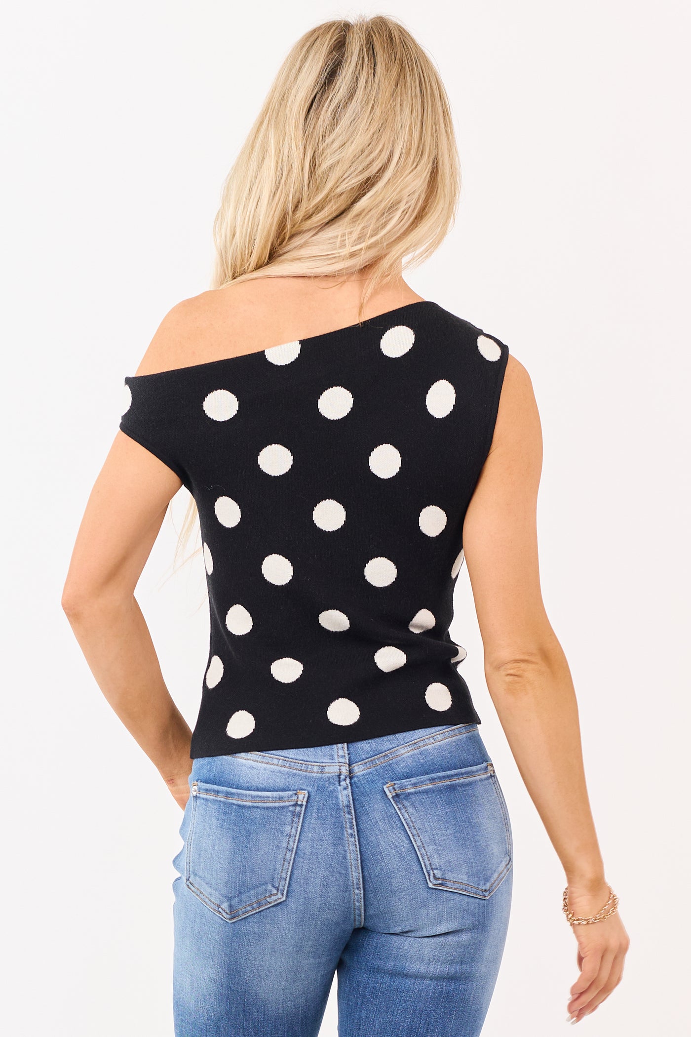 Black Polka Dot Asymmetrical One Shoulder Top