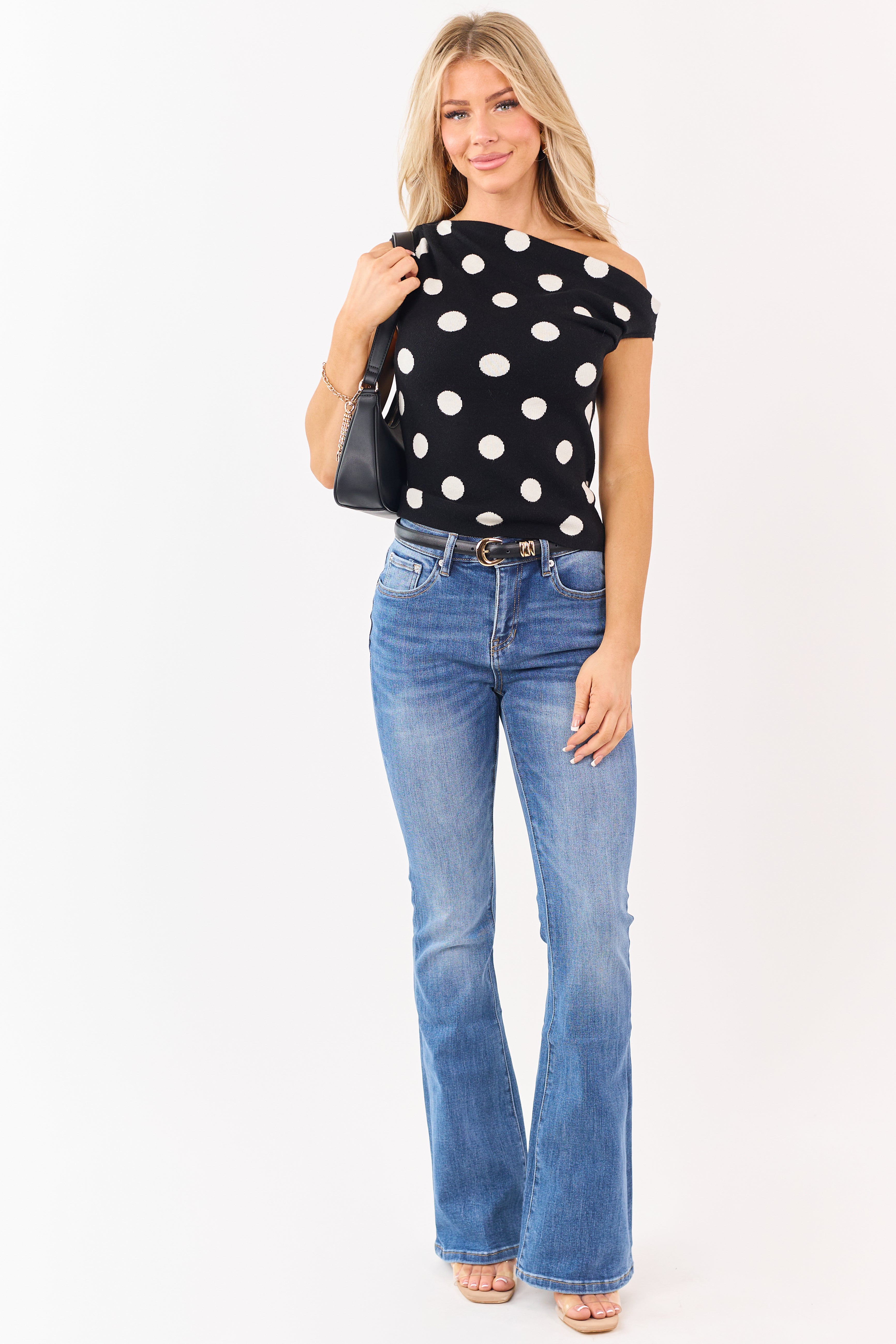 トップス Ans Dotsloevner shoulder tops Black Polka Dot Asymmetrical One Shoulder Top | Lime Lush Boutique