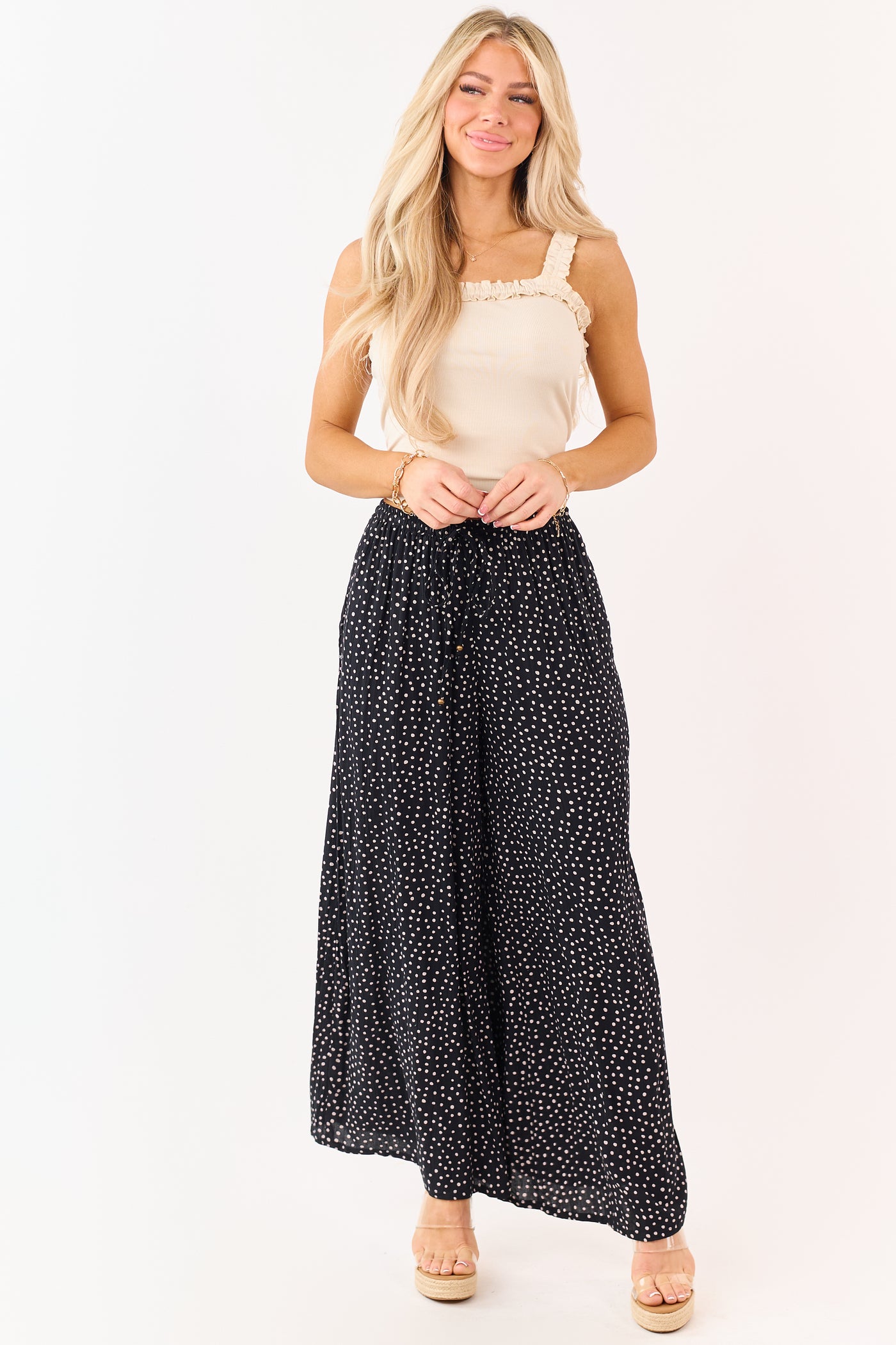Black Polka Dot Elastic Waist Wide Leg Pants