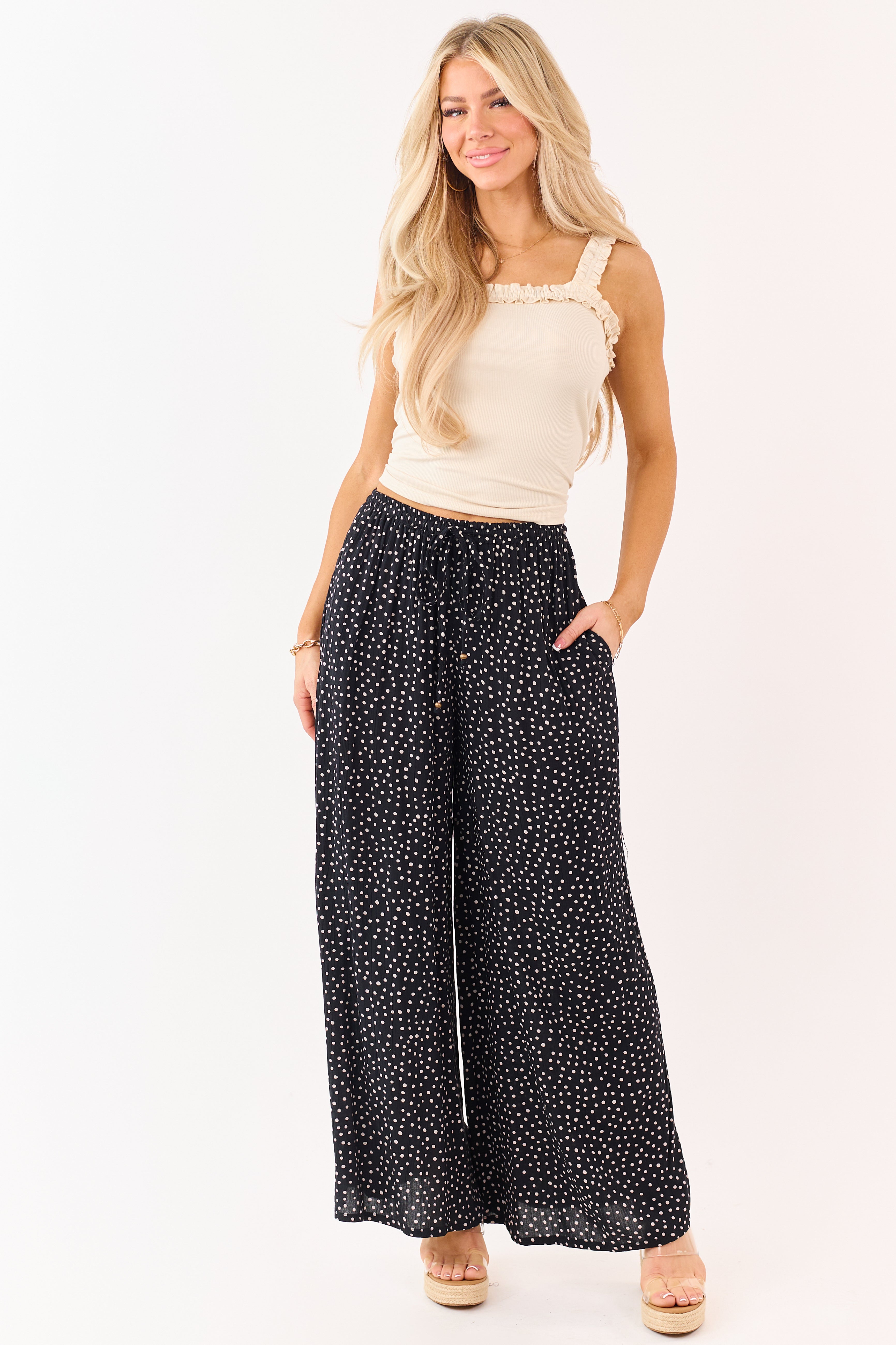 Black Polka Dot Elastic Waist Wide Leg Pants | Lime Lush Boutique